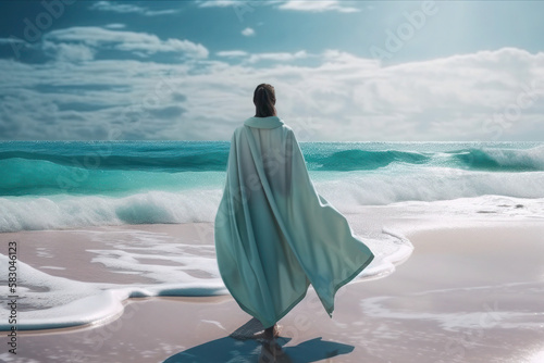 Arabic woman muslim in a long white abaya cape goes to the sea beach eastern