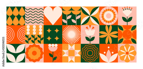 Geometric floral pattern. Abstract leaves flower plant sun simple shape, folk scandinavian design. Vector minimal banner