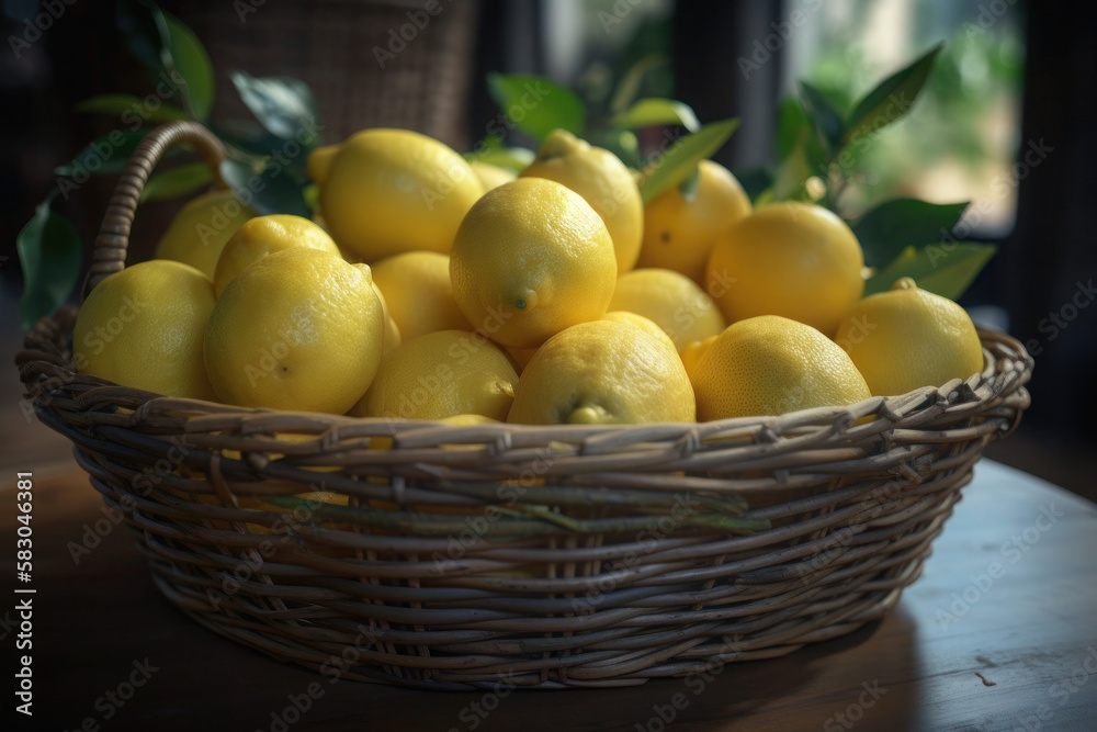 lemons in a basket kitchen fruit yellow citruses fresh background generative ai