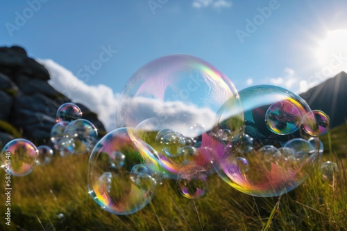 Large soap bubbles close-up in the meadow sky nature summer spring generative ai