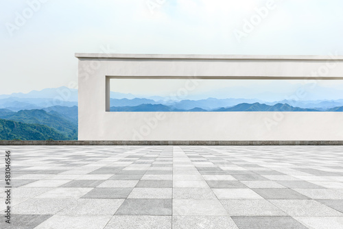 Empty floor and wall with mountain natural background