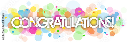 CONGRATULATIONS! colorful typography banner with colorful circles and stars on transparent background