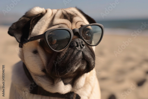 Funny Pug in Summer Glasses dog portrait close up generative ai © notarobotyet