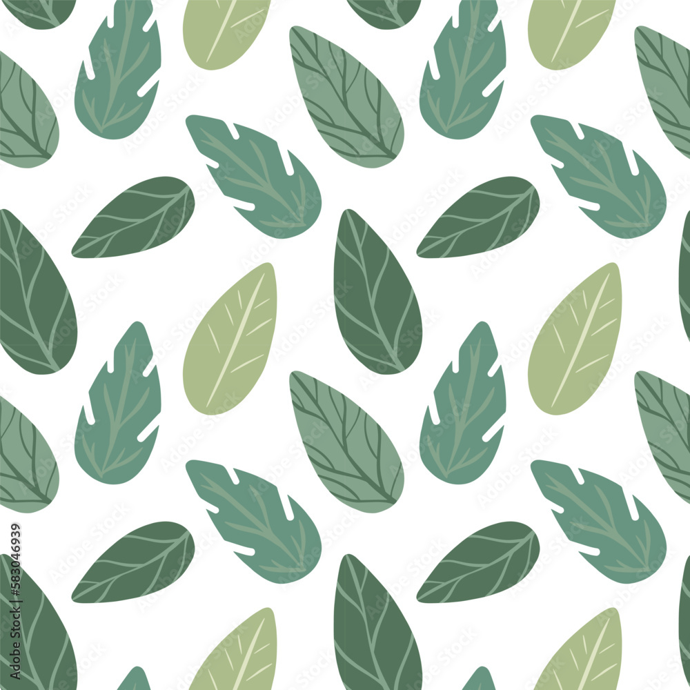 Botanical vector seamless pattern with many small leaves. Plant icons set. Decorative natural background. Childish cloth textile print. Decorative art element for advertising layout, packaging design
