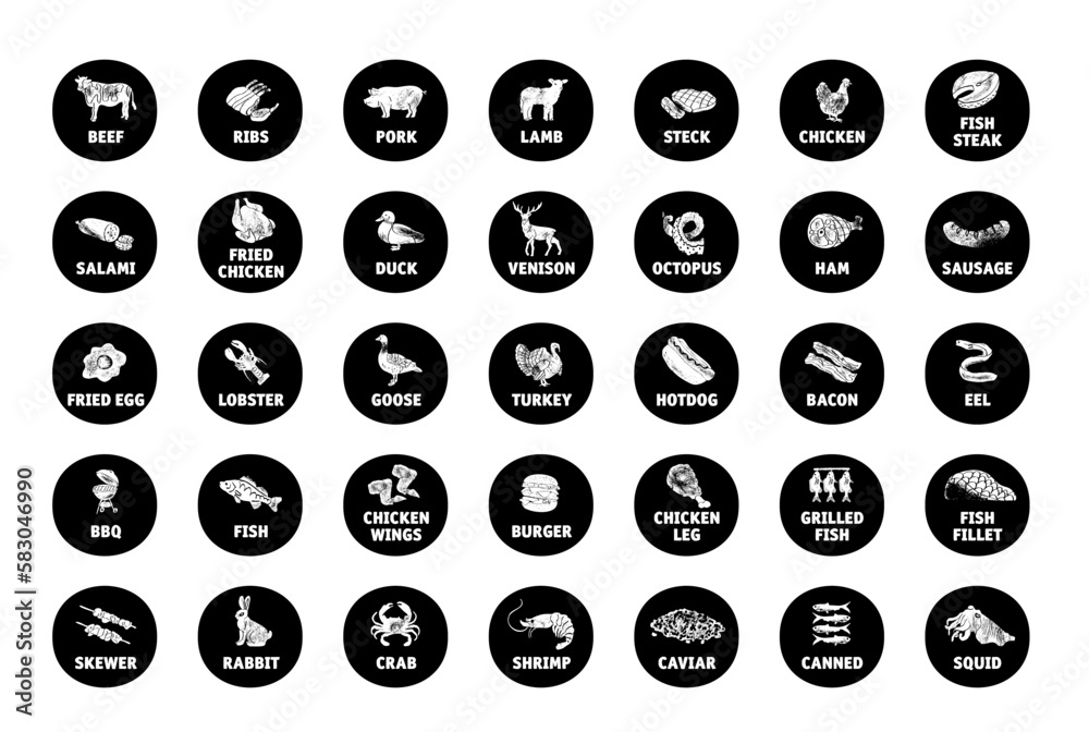 Meat, poultry, fish and eggs stickers and labels. Black and white color packaging for food preparing and culinary. Chicken, fish, beef, pork, poultry, pig product for selling vector set. Meat, poultry, fish and eggs stickers and labels. Black and white color packaging for food preparing and culinary. Chicken, fish, beef, pork, poultry, pig product for selling vector set.