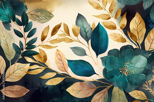 watercolor floral pattern with green and gold leaves