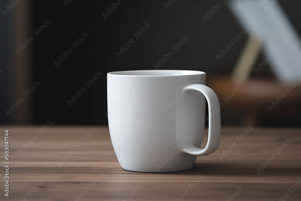 Mock up minimalist white ceramic mug in office, living room setting Mock up minimalist white ceramic mug in office, living room setting