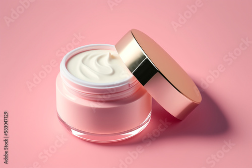 Modern beauty product beauty cream for skin care and moisturizing anti-aging cream jar top close up view on pink background, health and beauty concept. Copy space, template. Generative AI.