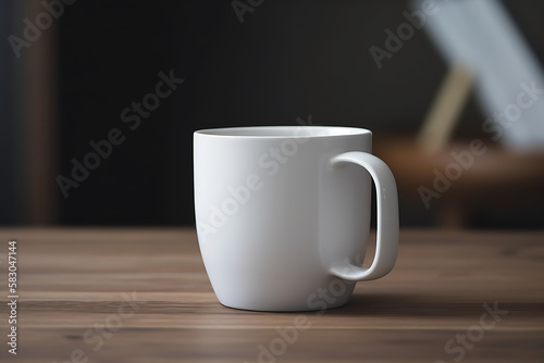 Mock up minimalist white ceramic mug in office, living room setting