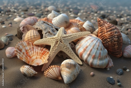 Beautiful seashells and starfish on the beach sea summer vacation background generative ai