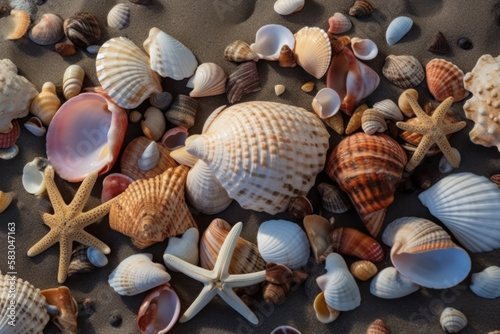 Beautiful seashells and starfish on the beach sea summer vacation background generative ai