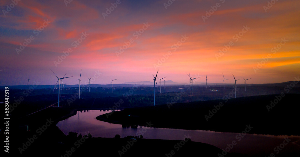 Dawn on the wind power field in Bau Can commune, Chu Prong district, Gia Lai province, Vietnam
