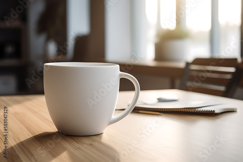 Mock up minimalist white ceramic mug in office, living room setting