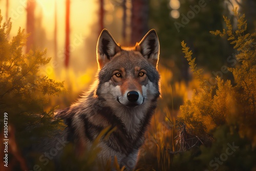 Gray wolf in forest. Generative AI.