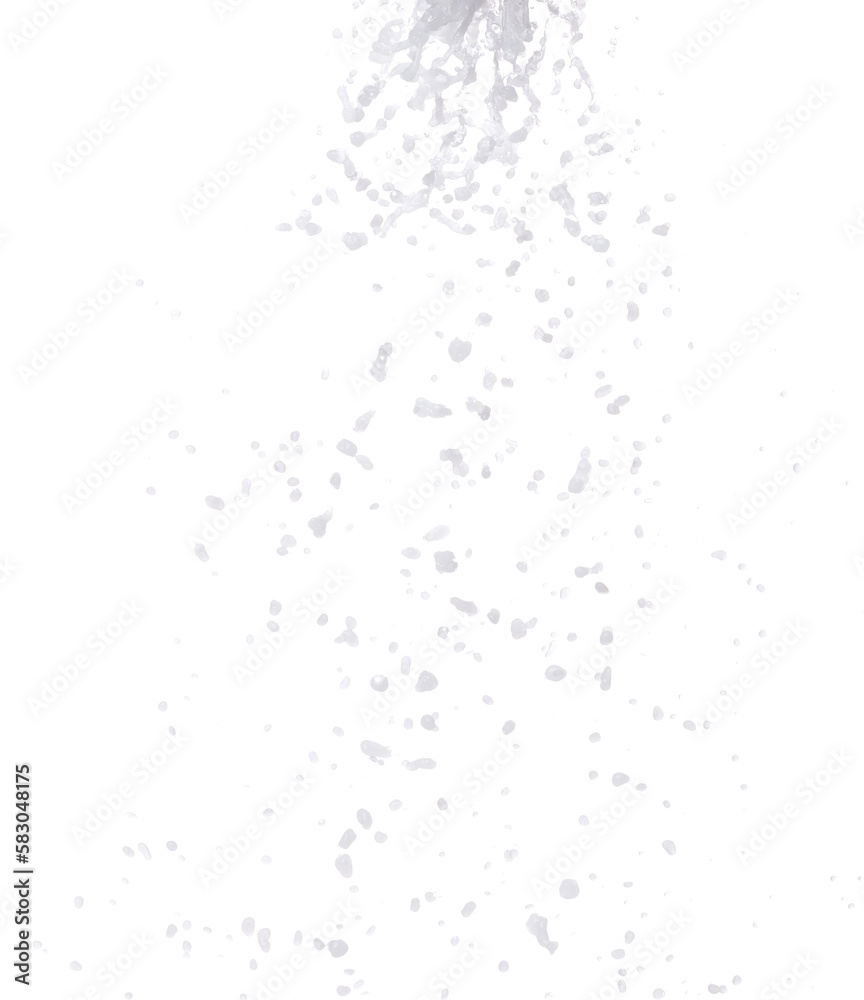 Milk yogurt white water droplet shape form fly splashing. Milk lotion pour float in mid air. Milk moisturizer explosion throw fluttering. White background isolated high speed shutter freeze motion