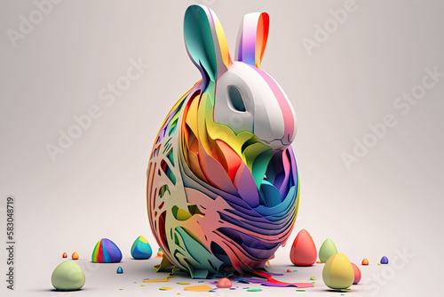 fantasy abstarct design amazing 3d Easter bunny and ornated painted rainbow colourd egg on white background. Happy Easter magical,generative ai. photo