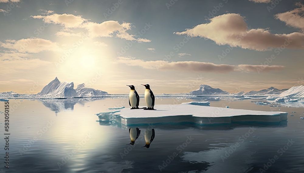 Two penguins stand on melting ice in Arctic Ocean global warming