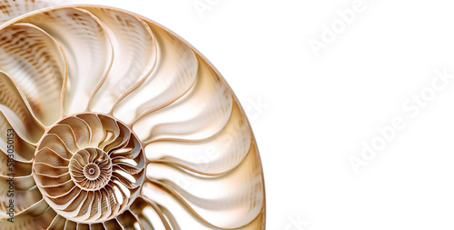 A perfect and amazing fibonacci pattern in a nautilus shell, sea shell close up ,  Created using generative AI tools. photo