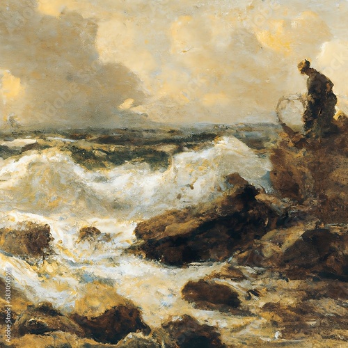 oldfashion painting of a fisher fishing in the sea with waves and rocks. Beautiful classic painting of landscpae with sea with rocks. Generative Ai photo