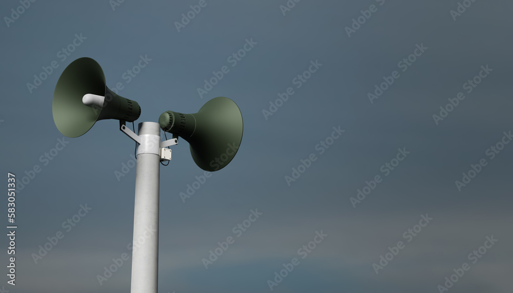 public address notification megaphones on a post, 3d rendering. Outdoor notification loudspeakers for announcement or air raid alert, sky background public address notification megaphones on a post, 3d rendering. Outdoor notification loudspeakers for announcement or air raid alert, sky background