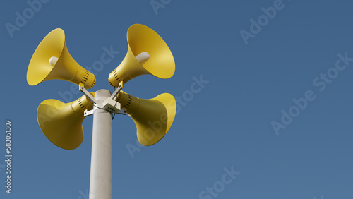 Yellow public address notification megaphones on a post against blue sky, 3d rendering. Outdoor notification loudspeakers for announcement or air raid alert photo