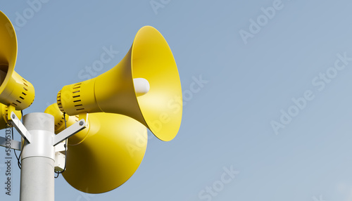 Public address notificationloudspeakers on a post, 3d rendering. Outdoor notification megaphones for announcement or air raid alert, yellow and blue background photo