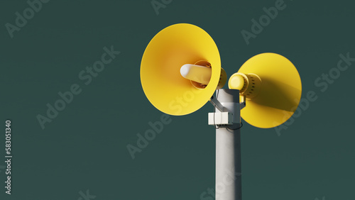 Yellow public address notification loudspeakers on a post against green background, 3d rendering. Outdoor notification megaphones for announcement or air raid alert