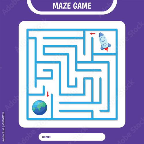 Square Maze for kids. Help rocket fly to earth. Simple logic labyrinth game
