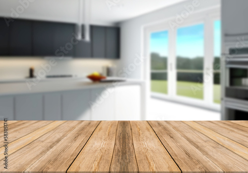 Wooden board empty table blurred background in big white kitchen