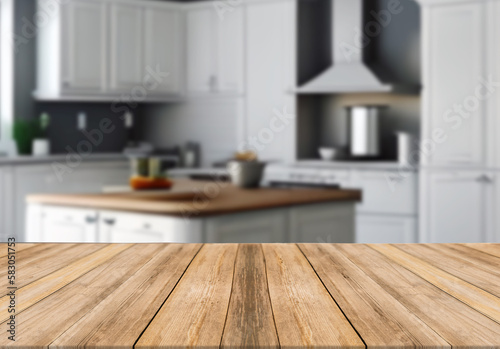 Wooden board empty table blurred background in big white kitchen