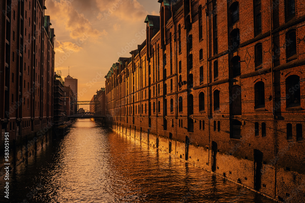 Warehouse District in Hamburg, Germany. Old buildings and bridges in Hamburg Speicherstadt