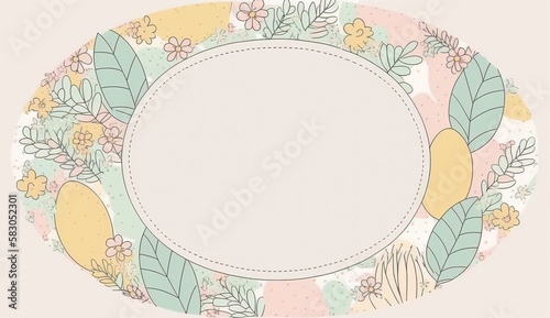 Happy easter greeting card in doodle flat style with egg and minimalistic flat color flowers. Empty Space for your greeting text. Generative Ai.