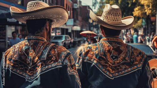 Mexican Independence. Cinco de mayo. Mexican men wearing traditional mariachi clothing playing guitar. Generative AI. photo