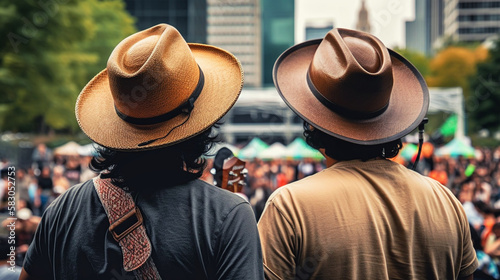 Mexican Independence. Cinco de mayo. Mexican men wearing traditional mariachi clothing playing guitar. Generative AI.