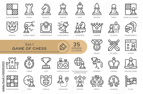 Set of conceptual icons. Vector icons in flat linear style for web sites, applications and other graphic resources. Set from the series - Game of Chess. Editable outline icon.	
