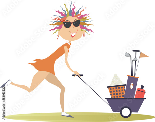 Smiling golfer woman goes to play golf illustration. Cartoon smiling golfer woman in sunglasses with golf bag on the way to the golf course