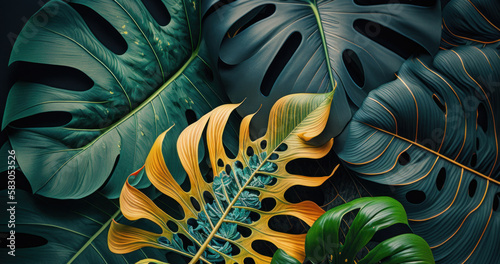 Abstract green Tropical Banana and Monstera Leaves background created with Generative AI technology © Denis Darcraft