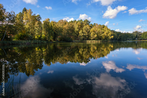 Natural landscape of the lake  high definition  the movement of waves against the background of the autumn forest. The reflection of clouds on the ripples of water. Germany.