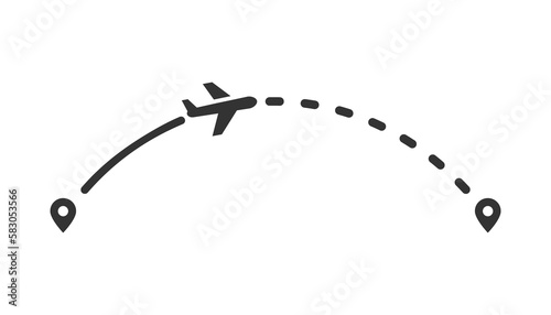 Airplane line path icon on light background. Infographic. Flight, point of destination, plane route, map, progress; direction. Outline, flat design.
