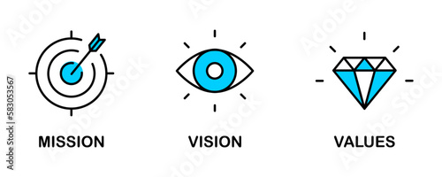 Mission. Vision. Values. Web page template. Modern flat design concept. Purpose business concept. Mission symbol illustration. Success and growth concepts. Business vision presentation