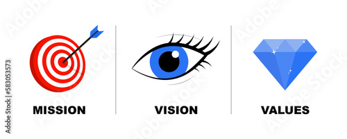 Mission. Vision. Values. Web page template. Modern flat design concept. Purpose business concept. Mission symbol illustration. Success and growth concepts. Business vision presentation