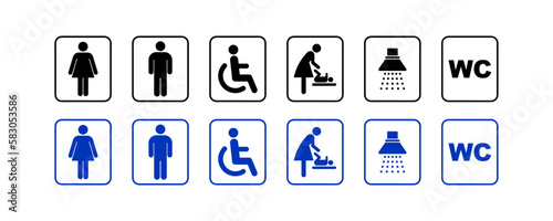 Washroom symbols collection. Public toilet icon set male and female, physically handicapped, baby seat, shower. Sign of washroom for male, female and children