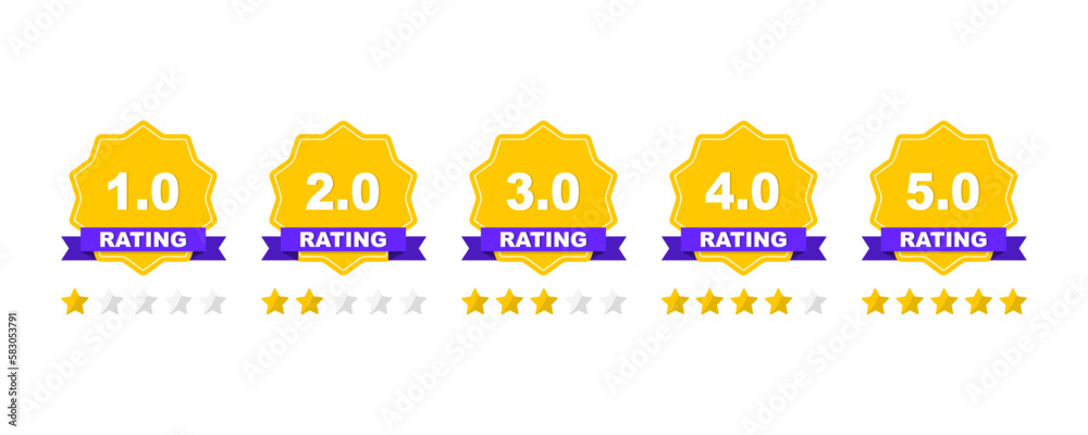 Feedback or rating. Set of rating stars badges with ribbon in a flat design. Customer product rating review. Set of a rating stamp, badge. Rank, level of satisfaction. Vector illustration