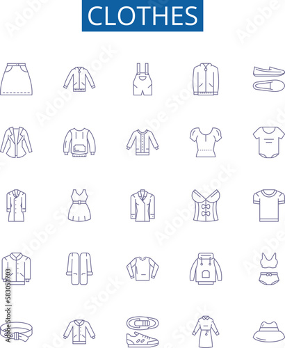 Clothes line icons signs set. Design collection of Garment, Outfit, Apparel, Clothing, Dress, Suit, Shawl, Skirt outline concept vector illustrations