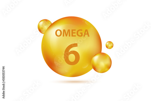 Omega 6 gold capsule. Vitamin drop pill capsule. Shining golden essence droplet. Beauty treatment nutrition skin care design. Beauty and health vector concept. Vector illustration