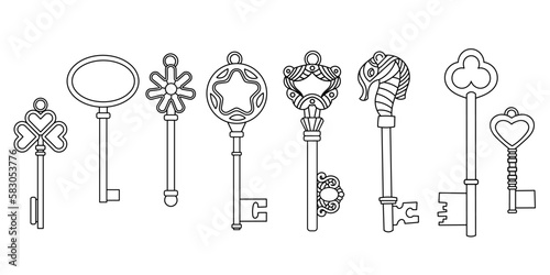 Keys linear drawing. Isolated image, vector. Beautiful fantasy keys for scrapbooking, decoupage.

