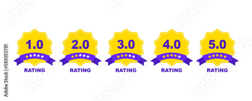 Feedback or rating. Set of rating stars badges with ribbon in a flat design. Customer product rating review. Set of a rating stamp, badge. Rank, level of satisfaction. Vector illustration