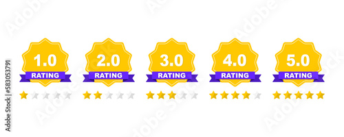 Feedback or rating. Set of rating stars badges with ribbon in a flat design. Customer product rating review. Set of a rating stamp, badge. Rank, level of satisfaction. Vector illustration