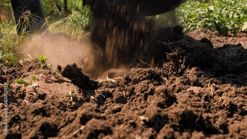 Farmer digging in garden spade soil shovel digging spade grass. Gardener digging soil preparation. Man shoveling dirt shovel in ground. Gardening. Tillage. Farming garden work in rubber boots farm