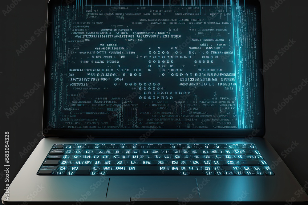 AI generated hacker laptop with binary computer code internet and network security AI generated hacker laptop with binary computer code internet and network security
